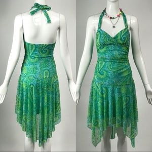 Vtg 90s 00s y2k shiny green paisley mesh dress